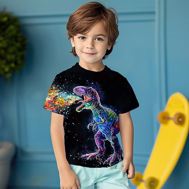  Boys 3D Animal Dinosaur Tee Black Short Sleeve 3D Print Summer Active Daily Party Polyester Kids Toddler Big Kids(7years +) 3-12 Years Crew Neck Party Outdoor Casual