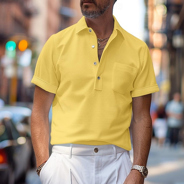  Men's Polo Shirt Golf Shirt Work Casual Lapel Ribbed Polo Collar Short Sleeve Basic Modern Color Block Patchwork Button Spring & Summer Regular Fit White Yellow Blue Green Polo Shirt