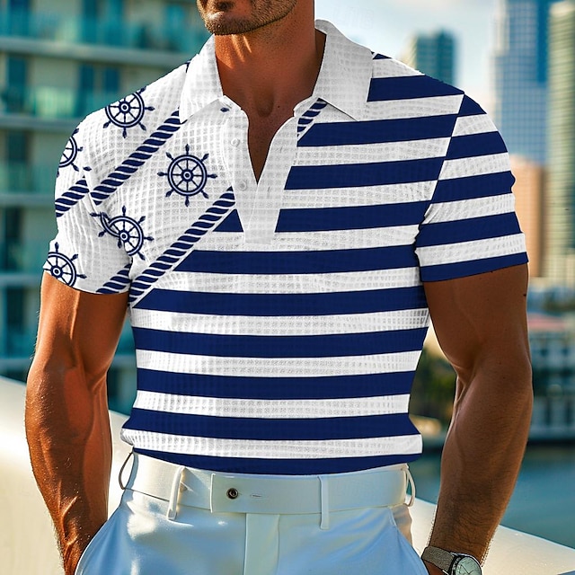  Anchor Men's Casual Print Polo Shirt Waffle Polo Shirt Outdoor Casual Daily Waffle Fabric Short Sleeve Turndown Polo Shirts Lake blue Blue Summer Spring S M L Lapel Polo