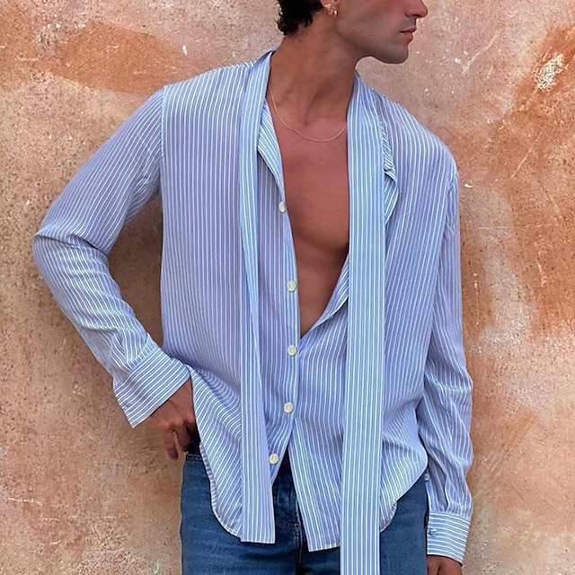  Men's Shirt Button Up Shirt Casual Shirt Summer Shirt Beach Shirt Light Blue Long Sleeve Stripes Lapel Hawaiian Holiday Button-Down Clothing Apparel Fashion Casual Comfortable