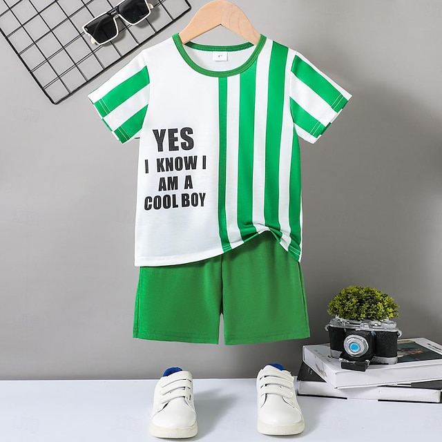  2 Pieces Toddler Boys T-shirt & Shorts Outfit Stripe Letter Short Sleeve Side Stripe Set School Fashion Daily Summer 3-7 Years Green