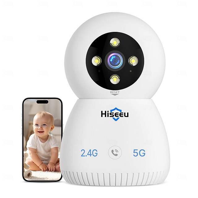  كاميرا مراقبة داخلية Hiseeu 2.4G/5G 5MP كاميرا للحيوانات الأليفة لمراقبة الأطفال لأمن المنزل Ptz 360 تتبع تلقائي 2 طريقة صوت ورؤية ليلية وكشف PIR والتخزين المحلي