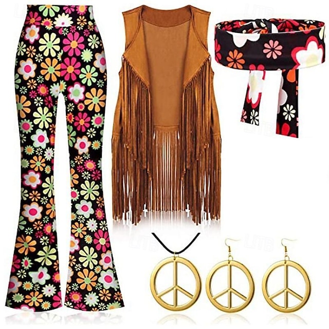  Retro / vintage Anii 1960 Hippie Anii 1970 Pantaloni Costum Cosplay Ținute Γιλέκο Banderolă Cap Colier / cercei Hippie Disc Pentru femei Fete Franjuri Halloween Carnaval Mascaradă Vestă