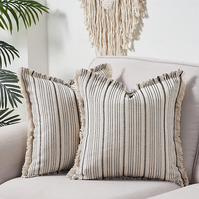  fodere per cuscini divano moderno della fattoria con nappe, federe a righe in cotone e lino con texture boho per la camera da letto del soggiorno