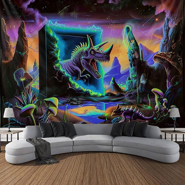  Dinosaurier-Tier-Schwarzlicht-Wandteppich, UV-reaktiv, leuchtet im Dunkeln, Leuchtparty, Zeitreise, trippige, neblige Pilze, Landschaft, Wandteppich, Wandkunst, Wandbild für Wohnzimmer, Schlafzimmer