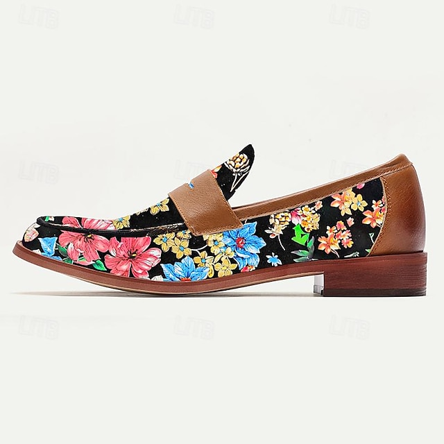  Men's Loafers Black Leather Floral Embroidered