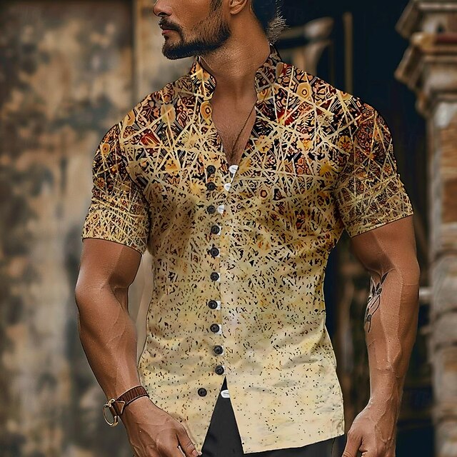 Men's Ombre Geometric Button Up Shirt Printed Shirts Short Sleeve Vintage Resort Outdoor Vacation Daily Wear Summer Standing Collar Print Button-Down Yellow Red 7