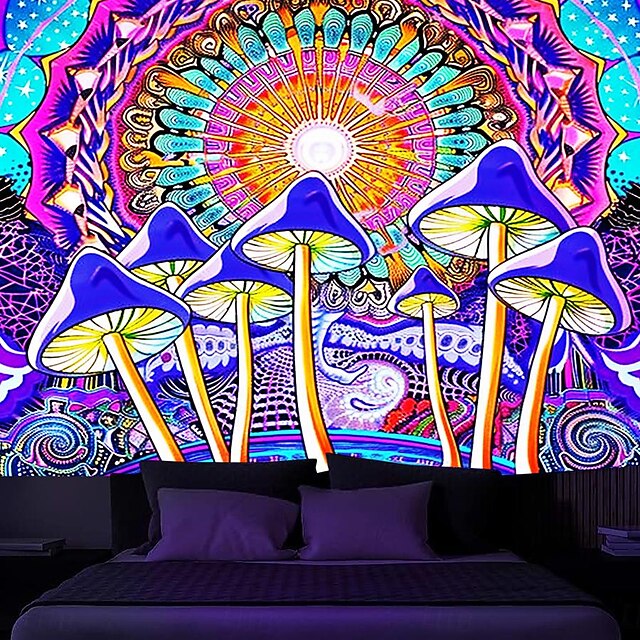  psychedelischer Schwarzlicht-Wandteppich, UV-reaktiv, leuchtet im Dunkeln, trippiger, nebliger Pilz, Naturlandschaft, Wandteppich, Wandbild für Wohnzimmer, Schlafzimmer