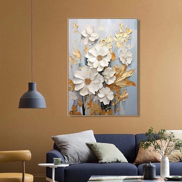 Hand painted Textured GOLD flower oil painting Wall Art Abstract White ...