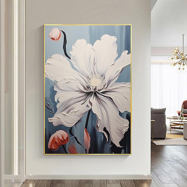  צבוע ביד ציור שמן פרח לבן אבסטרקטי על בד מצוייר ביד ציור פרחוני פורחים אמנות קיר מודרנית ציור שמן פרח לסלון עיצוב קיר ציור תמציתי
