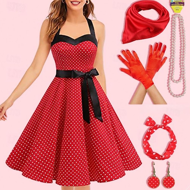  1950-tallet vintage inspirert en linje kjole svingkjole tilbehør sett flare kjole damekostyme vintage cosplay date party& kveld festival a-line silke skjerf