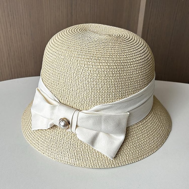  כובעים ביגוד לראש אקרילי / כותנה קש כובע דלי כובע קש כובע שמש קזו'אל חגים אלגנטית פאר עם פפיון צבע טהור כיסוי ראש כיסוי ראש