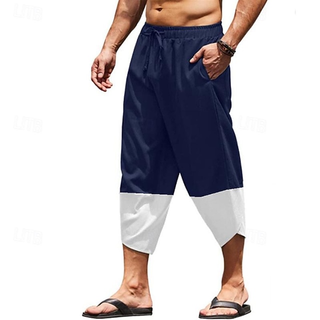  Men's Linen Pants Trousers Summer Pants Beach Pants Pocket Drawstring Elastic Waist Color Block Comfort Breathable Calf-Length Daily Holiday Vacation Hawaiian Boho ArmyGreen Black