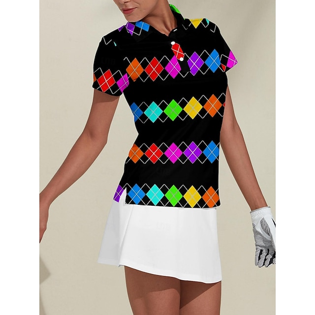 Women's Golf Polo Shirt Black Short Sleeve Sun Protection Top Plaid ...