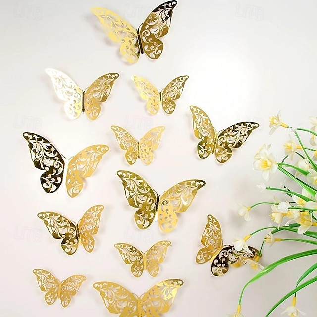  12 stk gyldne sommerfugledekorationer - 3d vægkunst til fester, kunsthåndværk og babyshower - lette at påføre klistermærker til smuk og elegant indretning