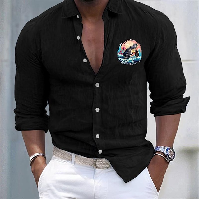  Муж. Рубашка Хлопково-льняная рубашка Белая хлопковая рубашка Повседневная рубашка Черный Белый Розовый Длинный рукав Черепаха Отложной Лето Повседневные Гавайский Одежда