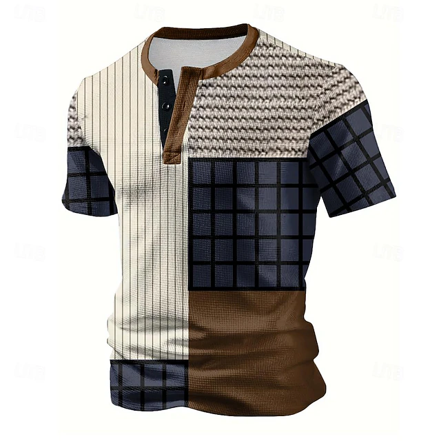 Waffle Plaid Men's 3D Print T shirt Tee Henley Shirt Casual Daily T shirt White Short Sleeve Henley Shirt Summer Clothing Apparel S M L XL XXL 3XL4