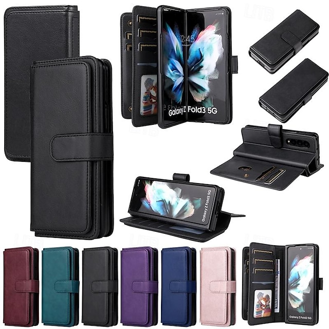  telefone Capinha Para Samsung Galaxy Z Fold 5 Z Fold 4 Z Fold 3 Capa para Cartão Wallet Magnética Proteção de corpo inteiro Pata de Apoio Retro TPU Couro PU