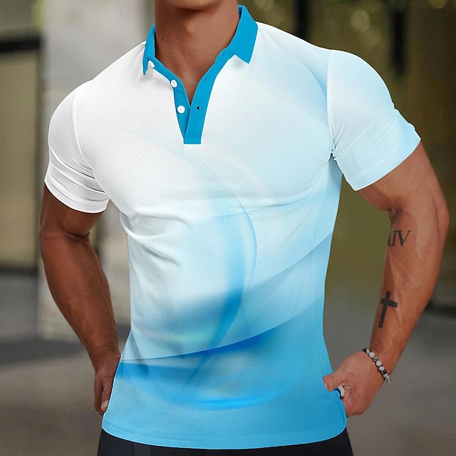  Linear Homens Casual 3D Camiseta Polo Rua Diário Feriado Poliéster Manga Curta Aberto para a Lateral Camisas polo Azul Roxo Claro Primavera Verão S M L Micro-Elástica pólo de lapela