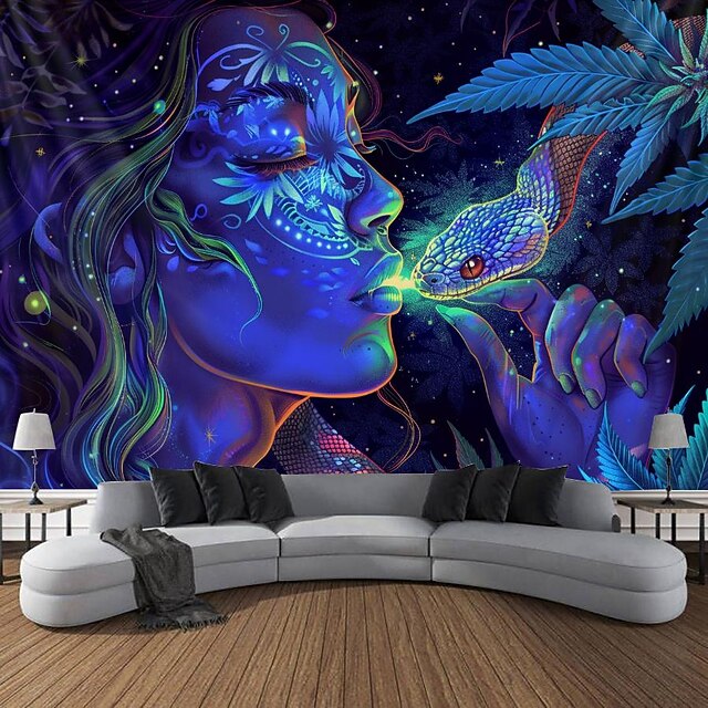 Blacklight Tapestry UV Reactive Glow in the Dark Glow Party Neon Woman Marijuana Psychedelic Trippy Misty Hanging Tapestry Wall Art Mural for Living 13