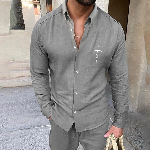 Men's Linen Shirt Casual Shirt Beach Shirt Plain Hawaiian Holiday Gray Long Sleeve Henley Spring & Summer Clothing Apparel4