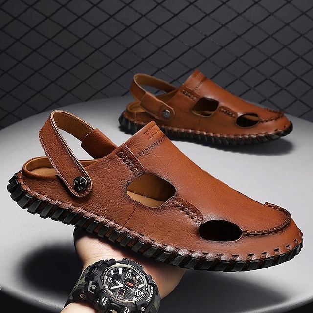  Men's Leather Sandals Flat Sandals Fashion Sandals Handmade Shoes Outdoor Slippers Walking Casual Beach Daily Office & Career Breathable Comfortable Loafer Red Brown Black Khaki