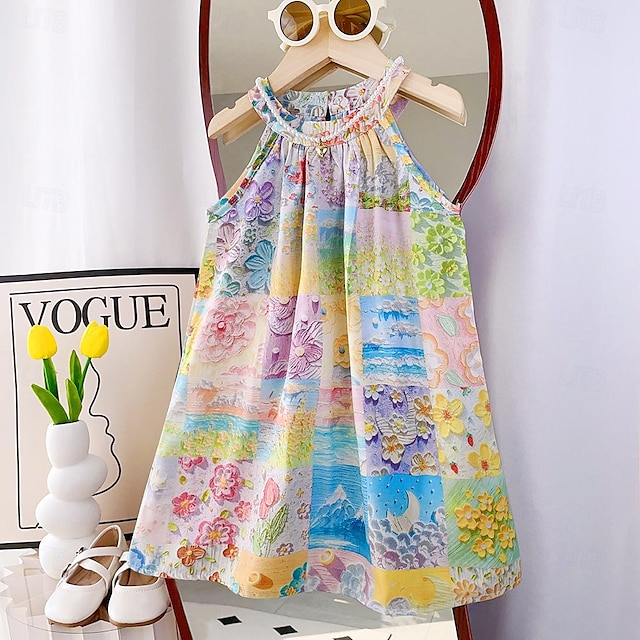  Summer Toddler Little Girls Boho-dress Retro Canvas Vest Skirt Floral Print Princess Dress