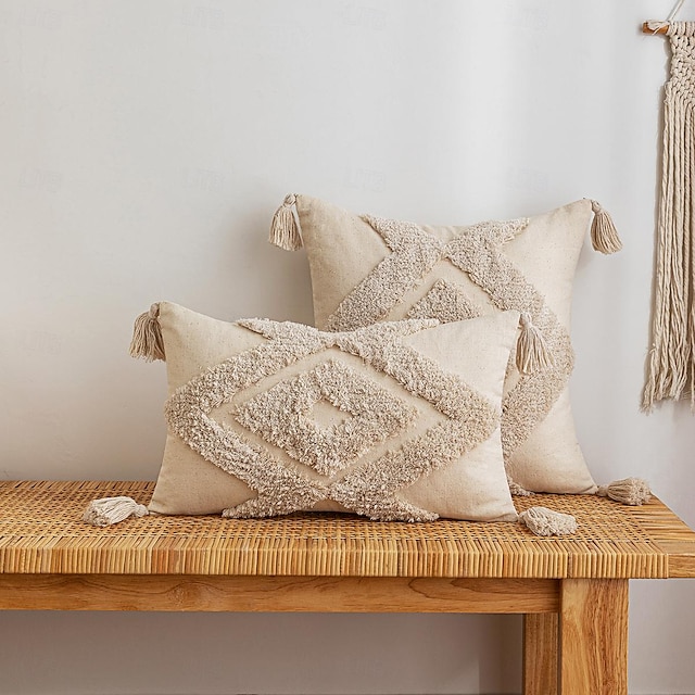  Boho Tufted Decorative Toss Pillow Cover Diamond Shape Cotton Beige Tassel for Home Bedroom Livingroom