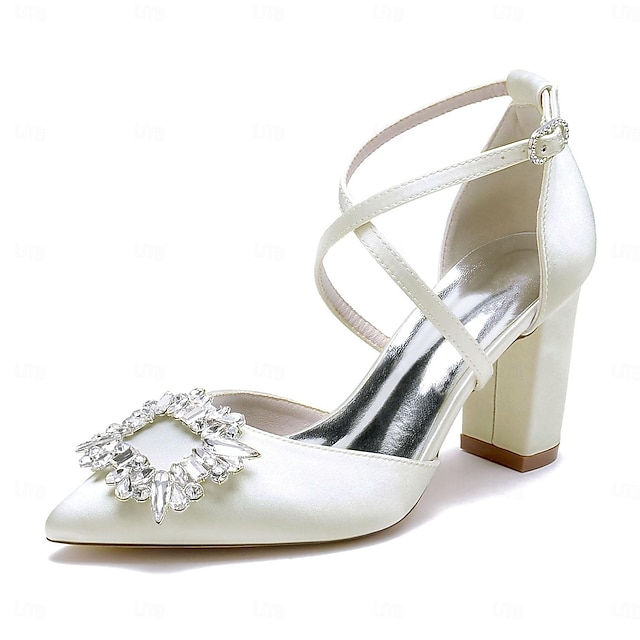  نسائي أحذية الزفاف هدايا عيد الحب احذية بيضاء زفاف مناسب للحفلات مناسب للبس اليومي أحذية الزفاف حجر كريم كعب متوسط حذاء براس مدبب أنيق موضة ستان عبر الشريط خمر أسود أبيض