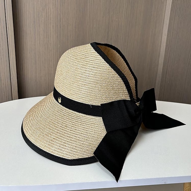  Hats Headwear Acrylic / Cotton Straw Bucket Hat Straw Hat Sun Hat Casual Holiday Elegant Retro With Bowknot Pure Color Headpiece Headwear