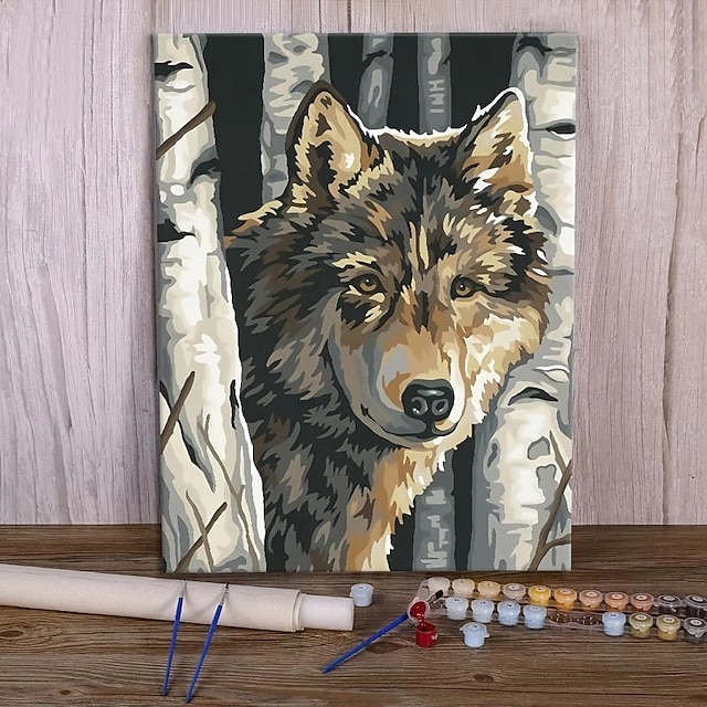  Kit de pintura acrílica de lobo para adultos, decoração exclusiva para casa, presente, pintura por números em tela, 16*20 polegadas