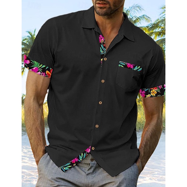  Hombre Camisa camisa de lino Camisa de verano Camisa de playa Negro Rosa Azul Piscina Manga Corta Plano Cuello Verano Primavera Casual Diario Ropa