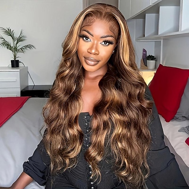  Highlight Body Wave Wig Human Hair P4/27 13x4 Lace Front Wigs For Women Honey Blonde Transparent Lace Front Wig Pre Plucked Lace