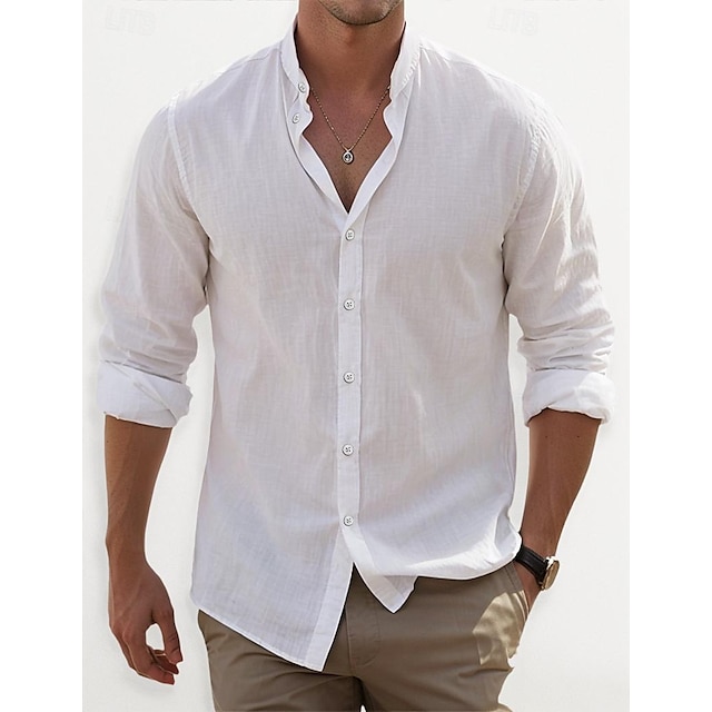  Homens Camisa Social camisa de linho camisa de botão camisa de verão camisa de praia Preto Branco Rosa Manga Longa Tecido Faixa Primavera Verão Casual Diário Roupa