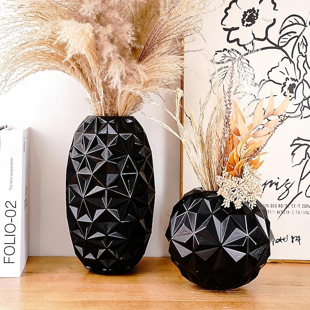  Jarrón con patrón de diamantes geométricos negros, hecho de resina con textura de origami, adecuado para decoración del hogar, exhibiciones, muebles de sala modelo y como accesorios decorativos para