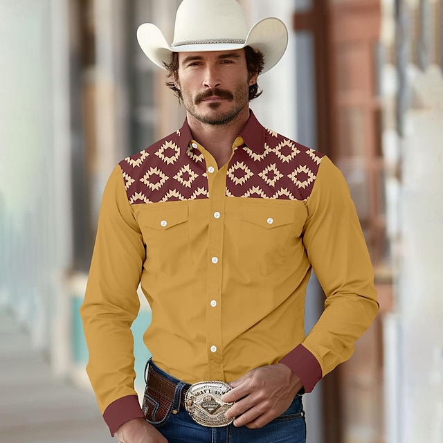  Aztec Western stijl Tribal Voor heren Overhemd Zomer Lente Overhemdkraag Lange mouw Geel S, M, L Polyester Overhemd