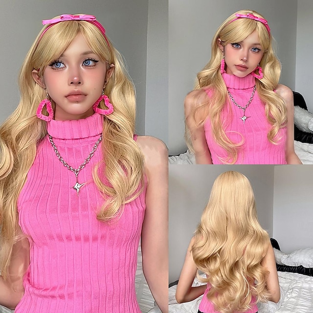  Synthetic Wig Uniforms Career Costumes Princess Wavy Deep Curly Middle Part Layered Haircut Machine Made Wig 26 inch Light Blonde Synthetic Hair Women's Cosplay Party Fashion Blonde