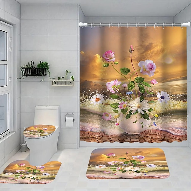  Decoração de banheiro 4 peças conjunto de cortina de chuveiro de flores conjuntos de banheiro moderno decoração de banheiro com tapete de banho em formato de u e tampa de vaso sanitário e 12 ganchos