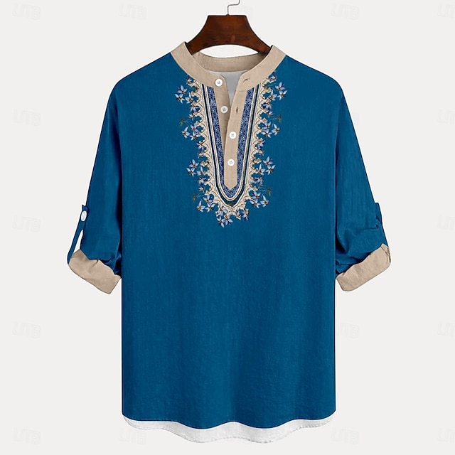  Per uomo Camicia Camicia di lino Camicia con Bottoni Manica Lunga Moda Casual Vacanza Casual Casuale Estate Primavera & Autunno Collo alla coreana Bottoni Stampato Blu chiaro Rosso Blu Verde