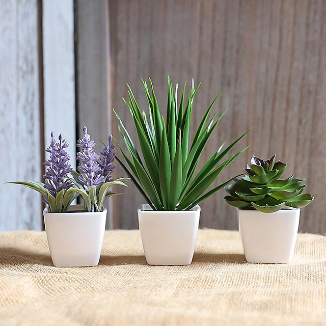  Set di 3 mini piante in vaso di lavanda artificiale: un realistico insieme di finta lavanda per l'arredamento della casa e dell'ufficio