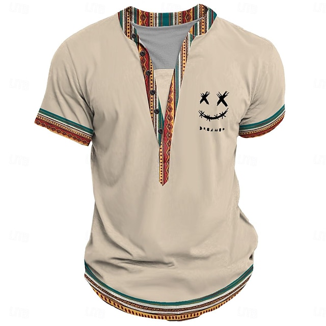  sorriso rosto masculino estilo étnico impressão 3d camiseta camiseta henley casual diário camiseta preto amarelo cáqui manga curta camisa henley roupas de verão vestuário s m l xl xxl 3xl