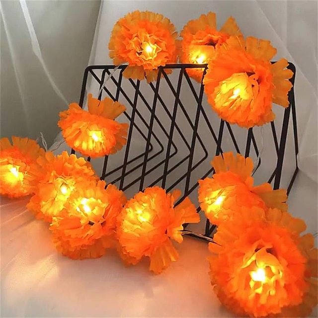  Orangefarbene Ringelblumengirlande mit 10 LEDs für die Dekoration zum Tag der Toten, insgesamt 1,5 m, 10 LEDs/3 m, 20 LEDs, Ringelblumengirlanden mit Lichtern, Hochzeitsfeier, Heimdeko