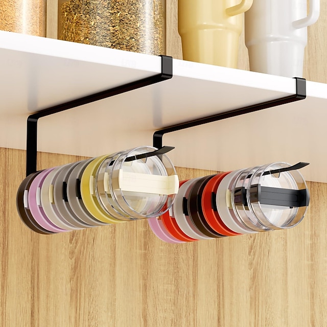  2 ganchos de almacenamiento para tapas de tazas encajables (sin tornillos ni adhesivo) ganchos para tapas de tazas encajables que ahorran espacio para almacenamiento en gabinetes adecuados para tapas