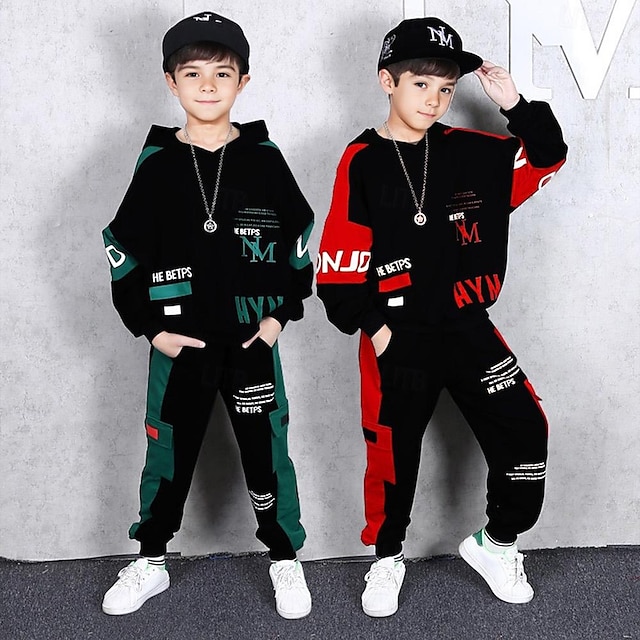  2 Pieces Toddler Boys Hoodie & Pants Outfit Letter Long Sleeve Cotton Set Outdoor Fashion Daily Winter Fall 3-7 Years Green Red