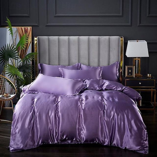 3pcs Satin Quilt Cover Set Luxury Silky Satin Bedding Set with Multiple Colors Solid Color Soft Quilt Cover Set 1 Duvet cover 2 Pillowcases