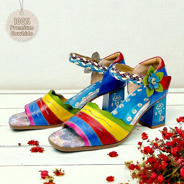  Dame Sandaler Vintage sko Håndlagde sko Vintage sko Håndpreget Bryllup Fest Blomstret Blomst Blokker hælen Fantasihæl Titte Tå Elegant Årgang Lær Ankel Stropp Blå