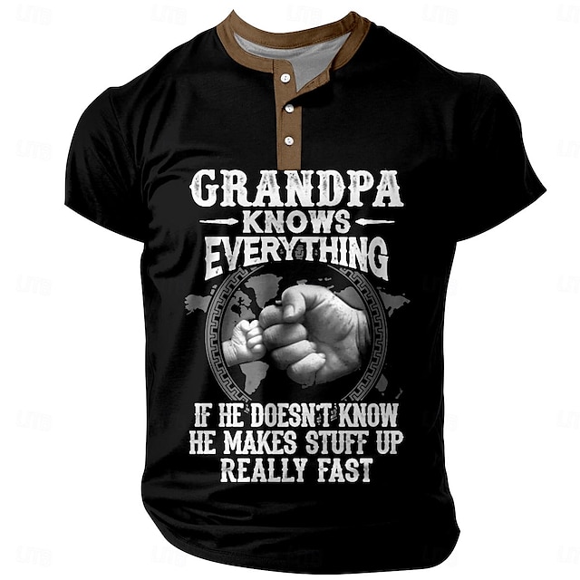  父の日 パパシャツ おじいちゃんは何でも知っている メンズ カジュアル 3Dプリント Tシャツ ティーヘンリーシャツ 休日 お出かけ 半袖プリント クラシックヘンリー 衣類