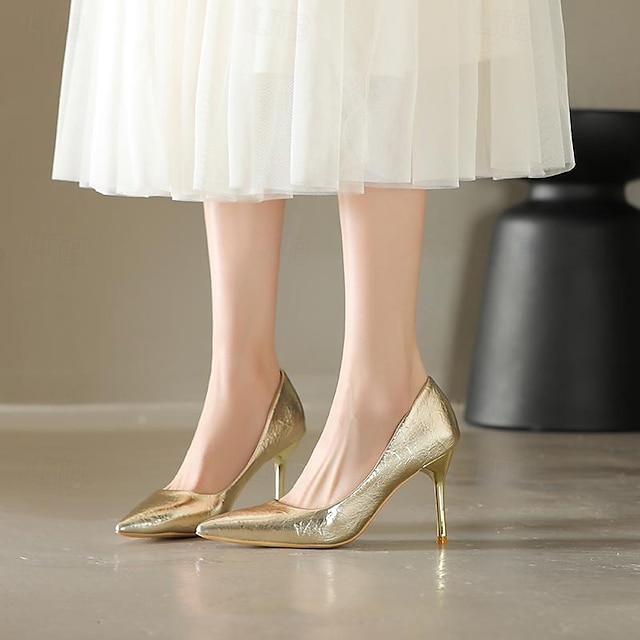  Mujer Tacones Slip-Ons Zapatos De Vestir Zapatos de incremento de altura Boda Diario Zapatos de novia Tacón de Aguja Dedo Puntiagudo Elegante Moda Minimalismo PU Mocasín Negro Plateado Dorado