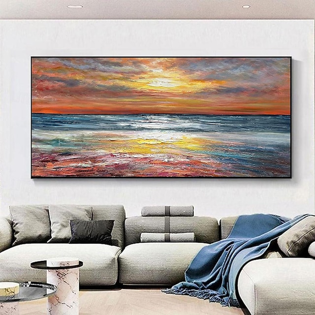  Ręcznie robiony obraz olejny na płótnie dekoracja ścienna nowoczesny abstrakcyjny wschód słońca krajobraz morski do salonu wystrój domu zwinięty obraz bezramowy, nierozciągnięty