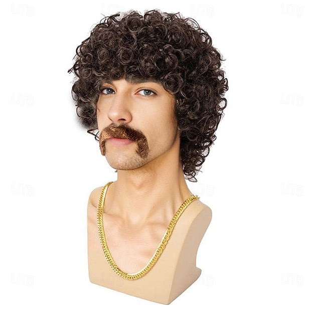  peruca de fantasia dos anos 70 peruca afro peruca masculina curta encaracolada natural fofa peruca de cabelo sintético para festa de discoteca de halloween